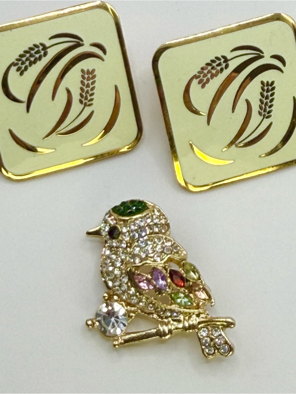 Vintage Wheat Earrings and Gold-Tone Crystal Bird Brooch with Multicolor Accent